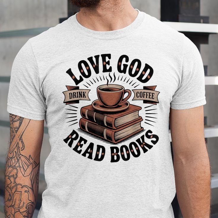 Love God Drink Coffee Read Books – Vintage Spiritual Reading Unisex Jersey T-Shirt Love God Drink Coffee Read Books – Vintage Spiritual Reading Unisex Jersey T-Shirt
