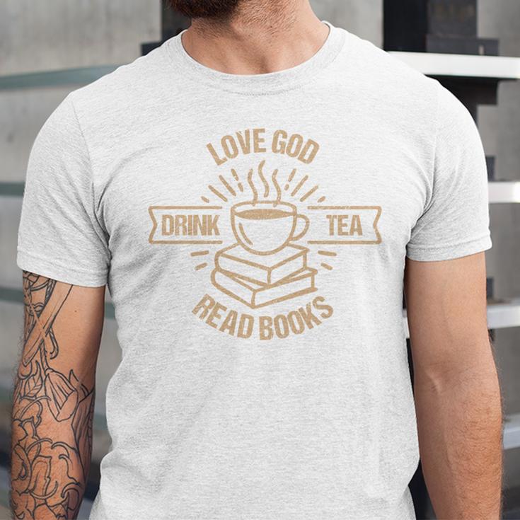 Love God Drink Tea Read Books Lovers Vintage Christian Unisex Jersey T-Shirt Love God Drink Tea Read Books Lovers Vintage Christian Unisex Jersey T-Shirt