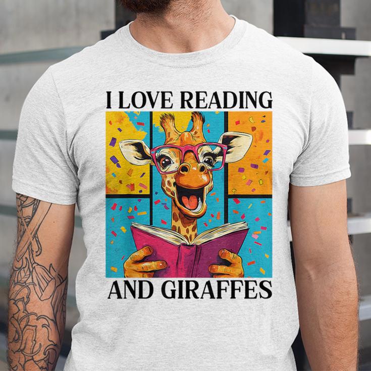 Love Reading And Giraffes Cute Giraffe Reading Book Lovers Unisex Jersey T-Shirt