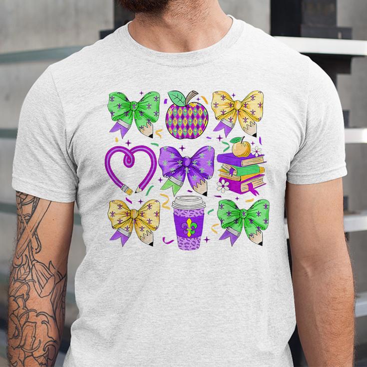 Mardi Gras Teacher Coquette Bow Pencil Apple Book Women Girl Unisex Jersey T-Shirt Mardi Gras Teacher Coquette Bow Pencil Apple Book Women Girl Unisex Jersey T-Shirt