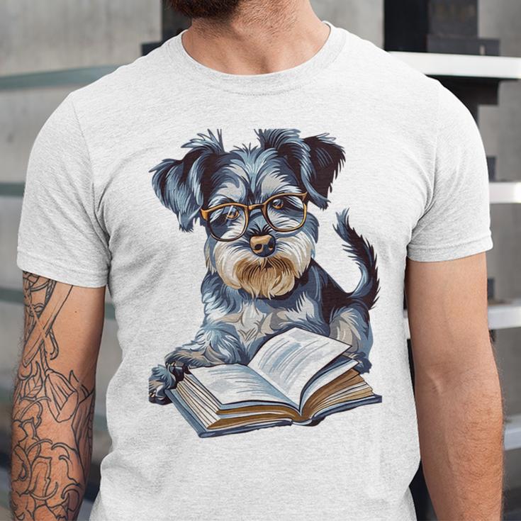 Nerdy Schnauzer Dog Book Lover Glasses Cute Pet For Men Women Kids Unisex Jersey T-Shirt