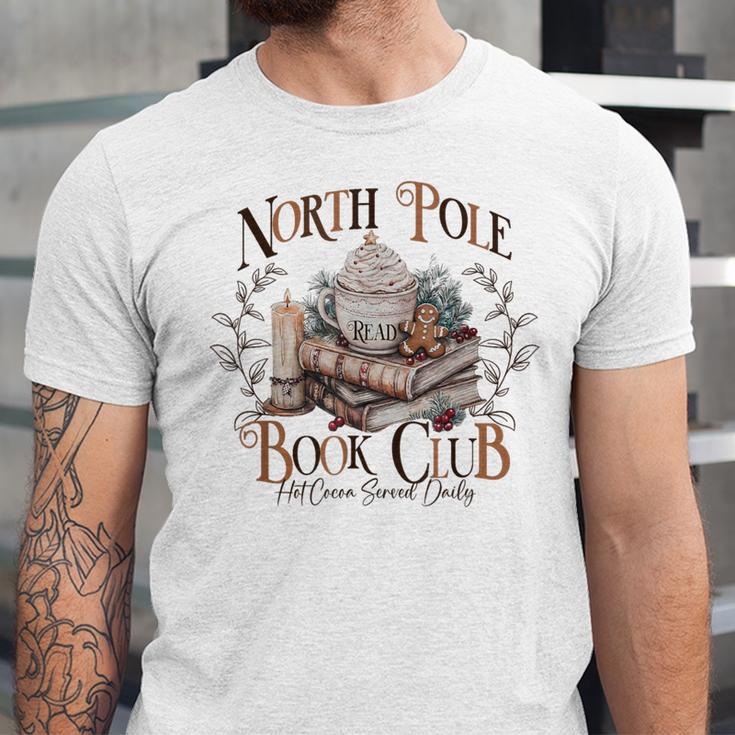 North Pole Book-Club Hot Cocoa Served Daily Christmas Book Unisex Jersey T-Shirt North Pole Book-Club Hot Cocoa Served Daily Christmas Book Unisex Jersey T-Shirt