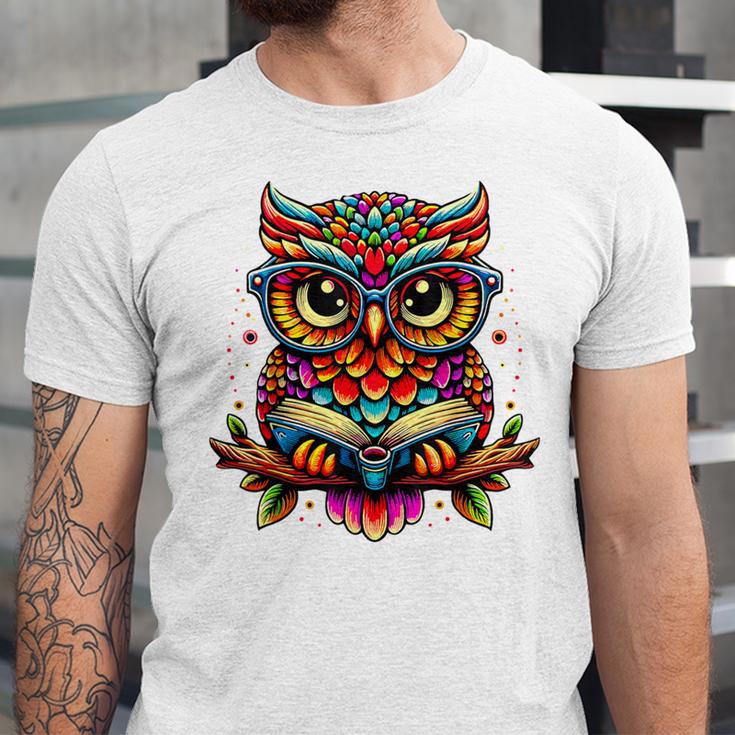 Owl With Glasses And Book Reading Unisex Jersey T-Shirt Owl With Glasses And Book Reading Unisex Jersey T-Shirt