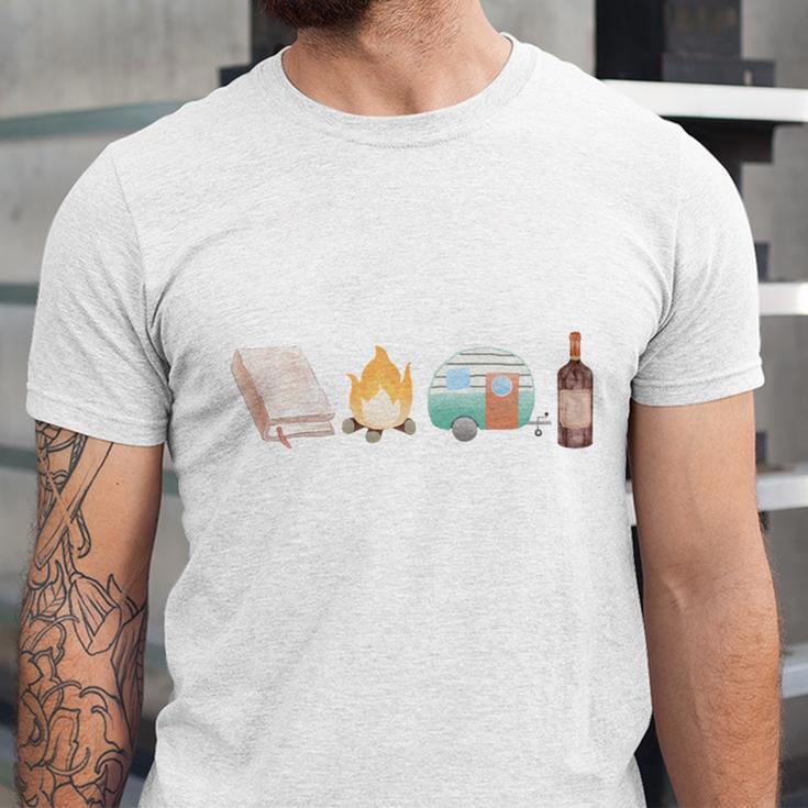 The Perfect Weekend Camping Essentials Wine Books Campfire Unisex Jersey T-Shirt The Perfect Weekend Camping Essentials Wine Books Campfire Unisex Jersey T-Shirt