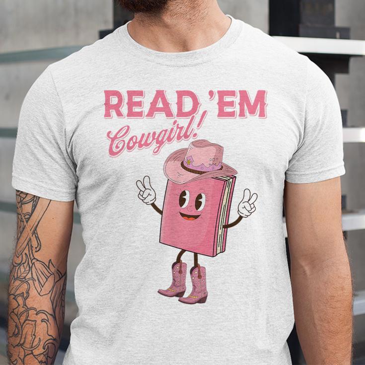 Read 'Em Western Cowgirl Retro Groovy Reading Books Unisex Jersey T-Shirt Read 'Em Western Cowgirl Retro Groovy Reading Books Unisex Jersey T-Shirt