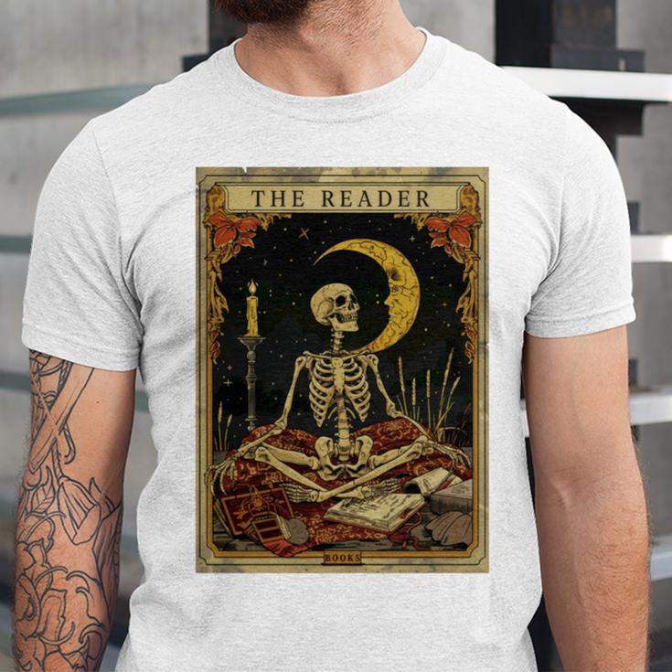 The Reader Tarot Card Book Lover Skeleton Art Goth Style Unisex Jersey T-Shirt