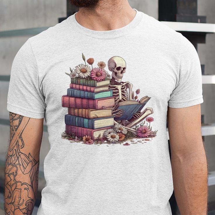 Reading A Book Per Day Keeps Reality Away Skeleton Books Unisex Jersey T-Shirt