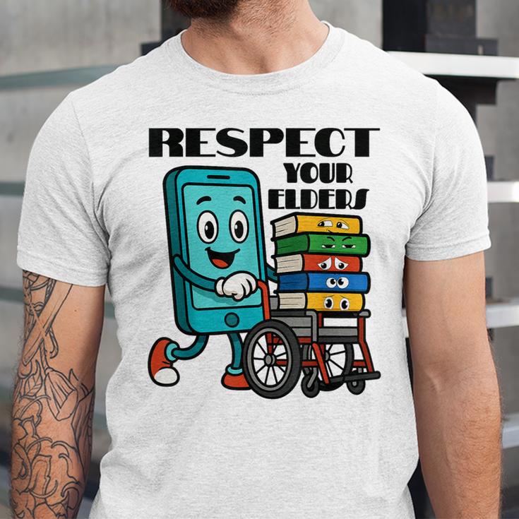 Respect Elders Cellphone Pushing Books In a Wheelchair Unisex Jersey T-Shirt