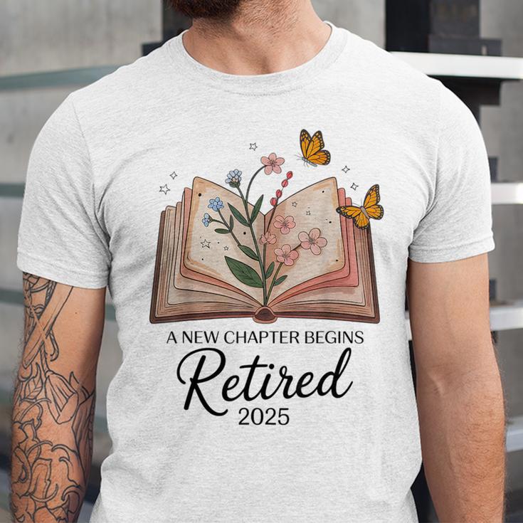 Retired 2025 A New Chapter Begins Retirement Teacher Book Unisex Jersey T-Shirt