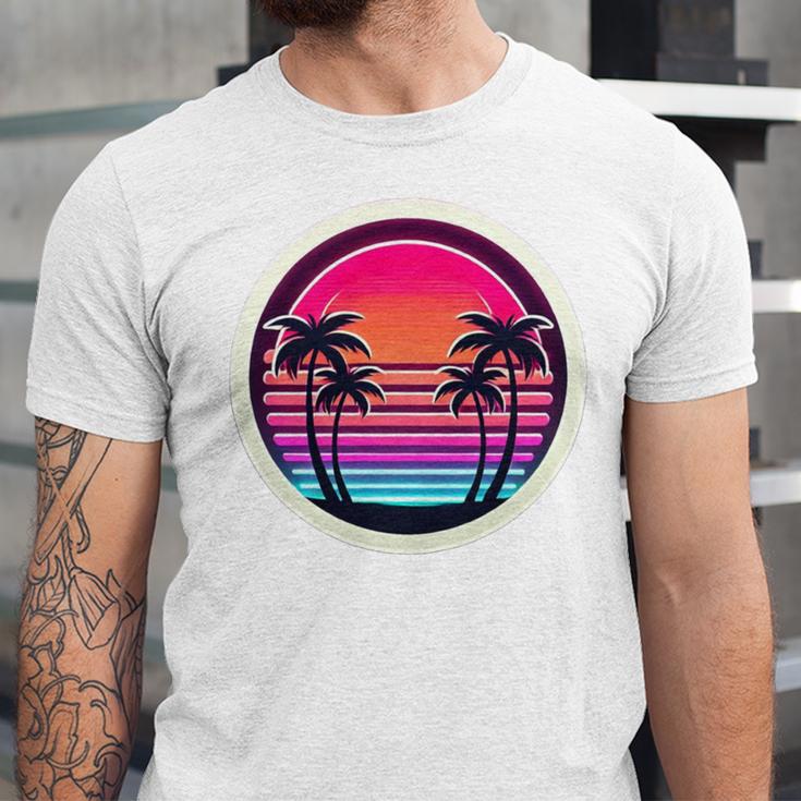 Retro 80s Synthwave Sunset & Palm Trees Retro Nostalgia 80s Unisex Jersey T-Shirt
