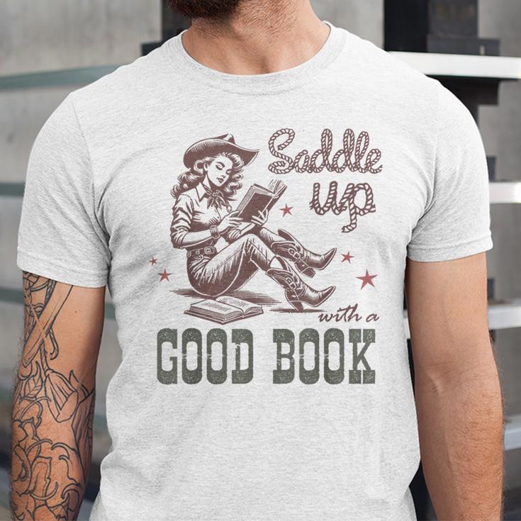 Retro Cowgirl ReadingTee Saddle Up With A Good Book Western Unisex Jersey T-Shirt