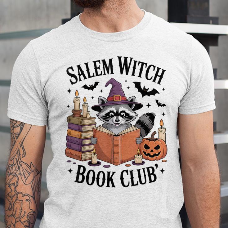 Salem WItch Book Club Halloween Raccoon Witch Reading Book Unisex Jersey T-Shirt