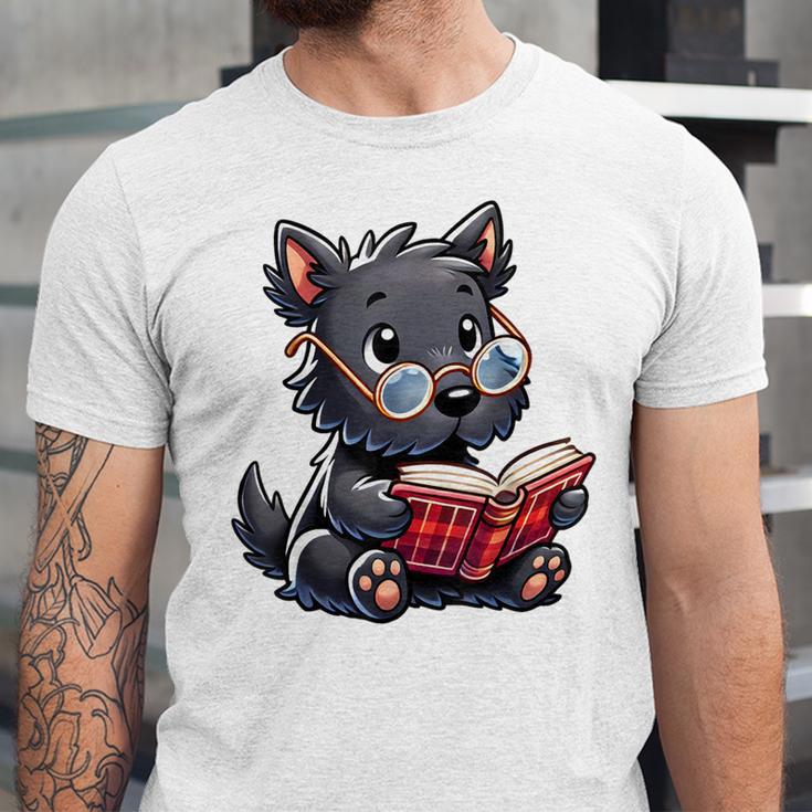 Scottish Terrier Reading a Book Dog Unisex Jersey T-Shirt