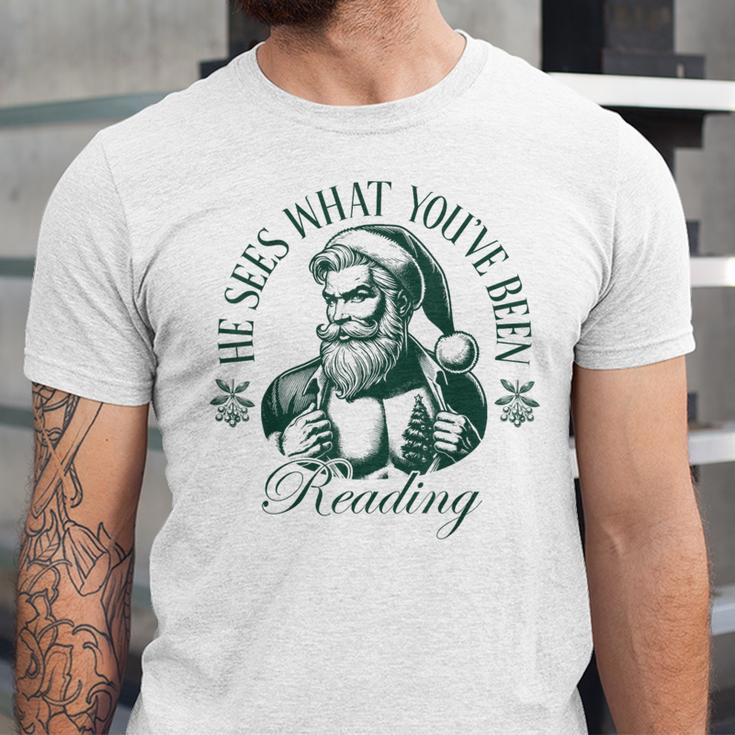 He Sees What You'Ve Been Reading Bookish Christmas Unisex Jersey T-Shirt