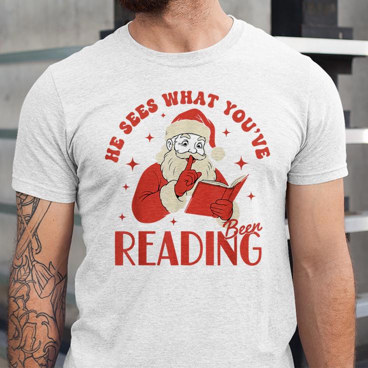 He Sees What You'Ve Been Reading Santa Book Unisex Jersey T-Shirt He Sees What You'Ve Been Reading Santa Book Unisex Jersey T-Shirt