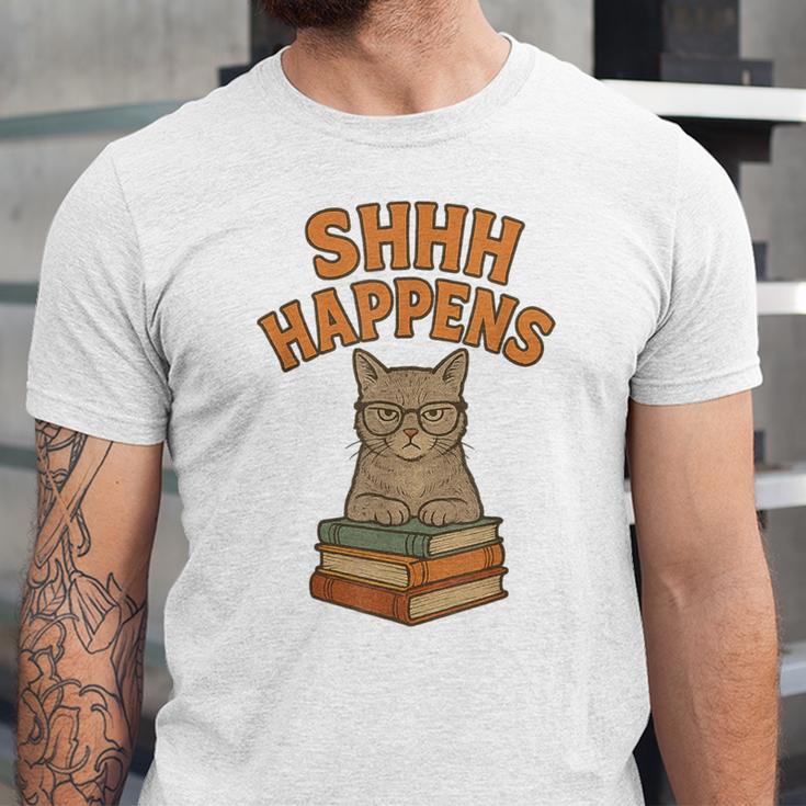 SHHH Happens Librarian Cat Books Library Unisex Jersey T-Shirt