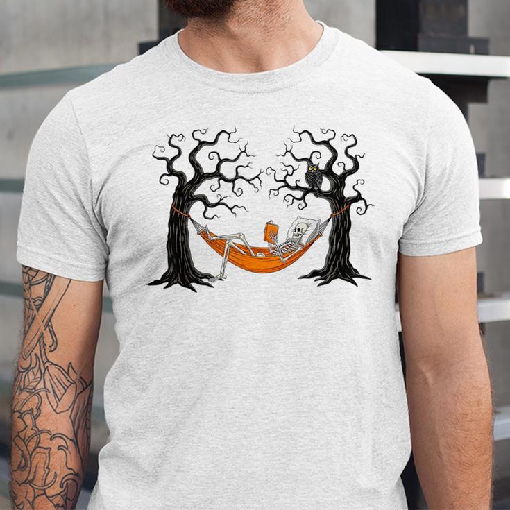 Skeleton Reading Book In Hammock Halloween Reader Unisex Jersey T-Shirt
