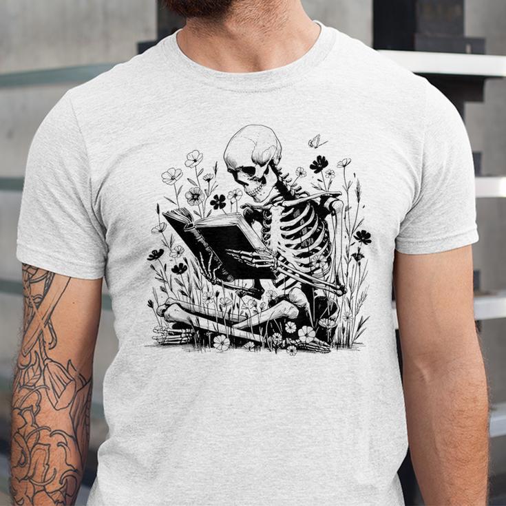 Skeleton Skull Halloween Book Reading Books Lover Teacher Unisex Jersey T-Shirt