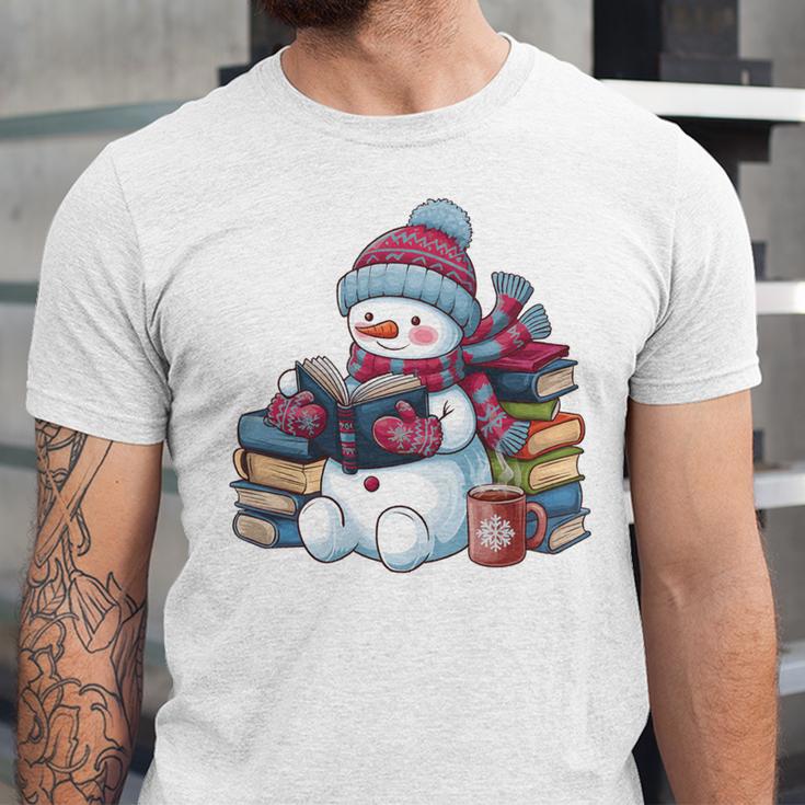 Snowman Reading Book Lovers Christmas Bookworm Librarian Unisex Jersey T-Shirt