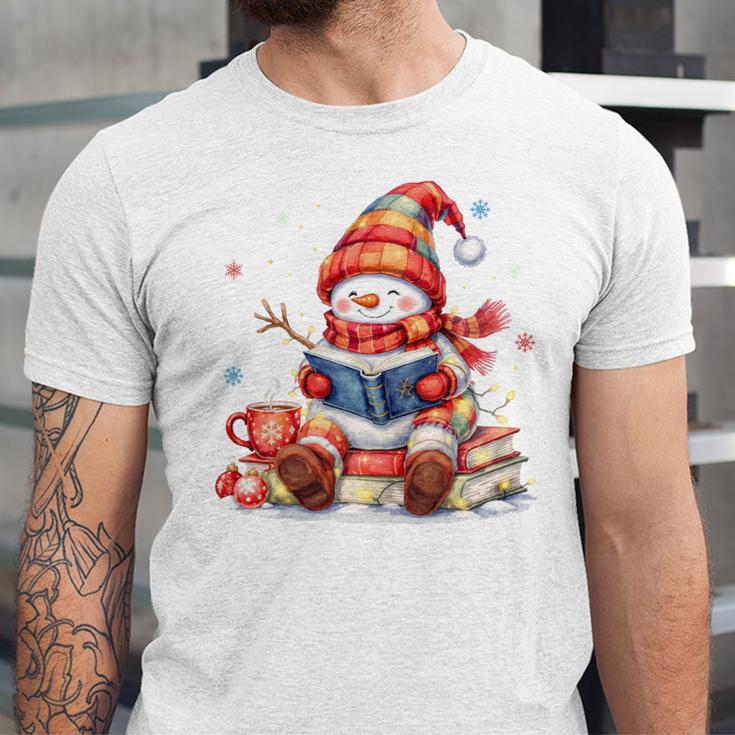 Snowman Reading Books Lovers Christmas Librarian Bookworm Unisex Jersey T-Shirt