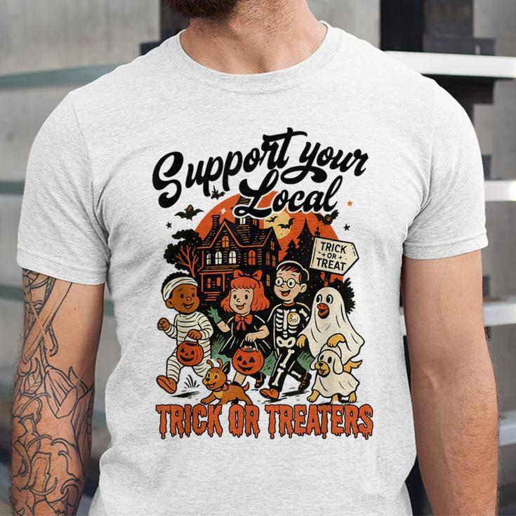 Support Your Local Trick Or Treaters Retro Spooky Nostalgia Unisex Jersey T-Shirt Support Your Local Trick Or Treaters Retro Spooky Nostalgia Unisex Jersey T-Shirt