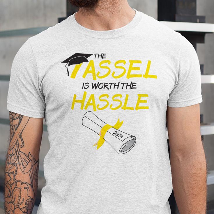 Tassel Worth The Hassle 2018 Graduation Quote Ylw Unisex Jersey T-Shirt