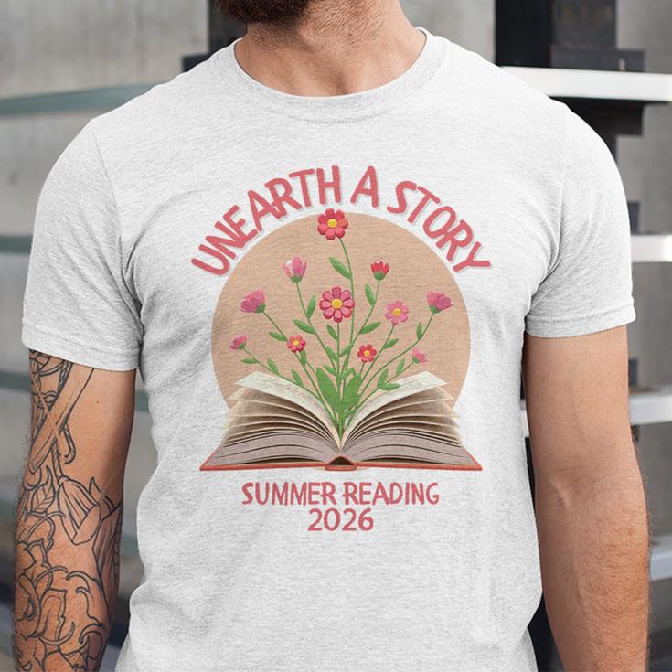 Unearth a Story 2026 Summer Reading Program Flowers Book Premium Tri-Blend Unisex Jersey T-Shirt