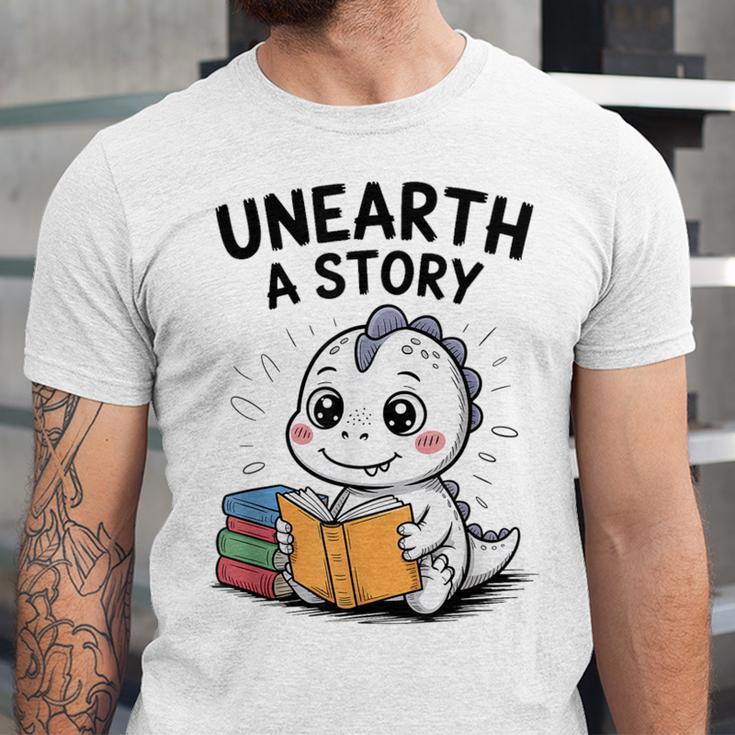 Unearth a Story Cute Dinosaur Summer Reading 2026 Dino Book Unisex Jersey T-Shirt