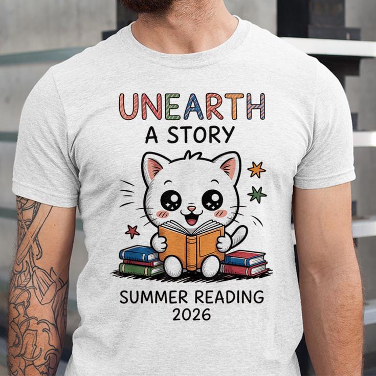 Unearth a Story Cute Kitten Summer Reading 2026 Cat Book Unisex Jersey T-Shirt Unearth a Story Cute Kitten Summer Reading 2026 Cat Book Unisex Jersey T-Shirt