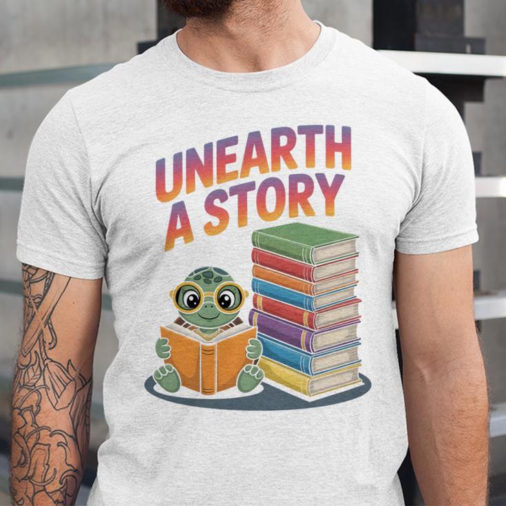 Unearth A Story Cute Turtle Reading Books Librarian Unisex Jersey T-Shirt Unearth A Story Cute Turtle Reading Books Librarian Unisex Jersey T-Shirt