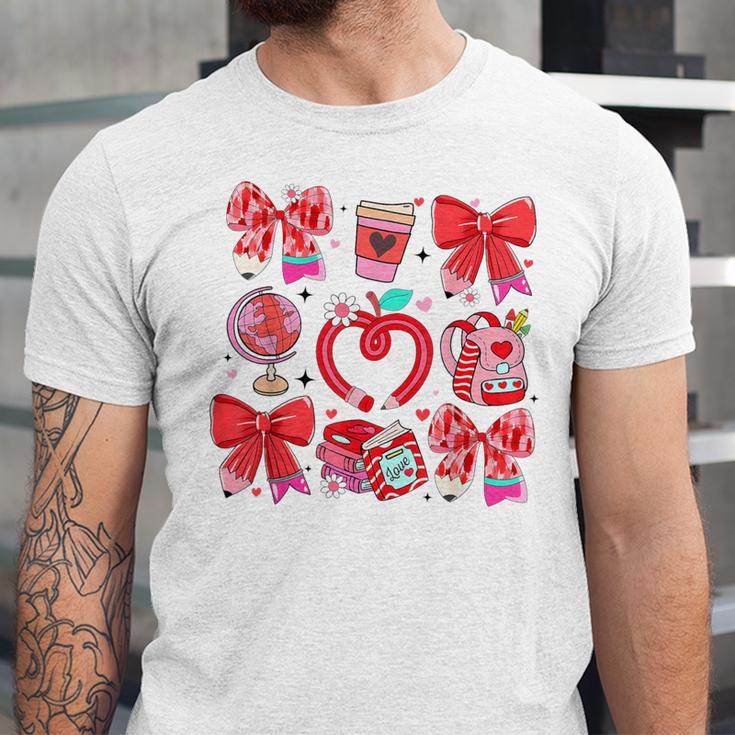 Valentine Teacher Coquette Bow Pencil Heart Book Girl Women Unisex Jersey T-Shirt