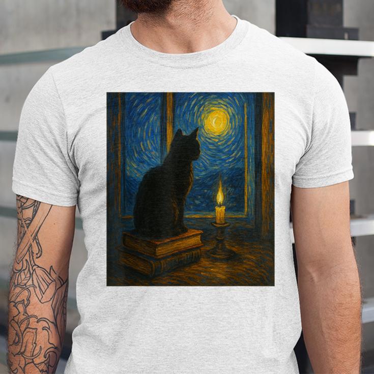 Van Gogh Starry Night Art Cat And Book Lovers Unisex Jersey T-Shirt Van Gogh Starry Night Art Cat And Book Lovers Unisex Jersey T-Shirt