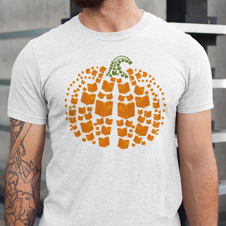 Vintage Book Pumpkin Autumn Fall Librarians Bookworm Teacher Unisex Jersey T-Shirt