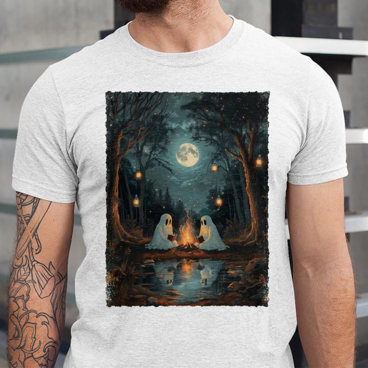Vintage Ghost Book Reading Camping Gothic Halloween Teachers Unisex Jersey T-Shirt