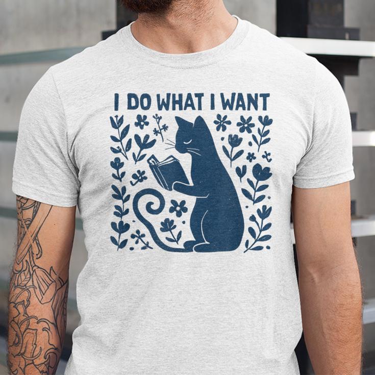 I Do What I Want Cat Reading Book Boho Flowers Vintage Unisex Jersey T-Shirt