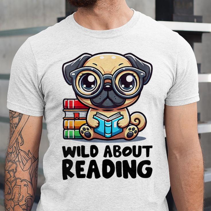Wild About Reading Book Lover Pug Dog Unisex Jersey T-Shirt Wild About Reading Book Lover Pug Dog Unisex Jersey T-Shirt