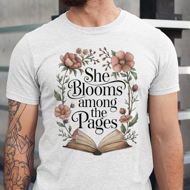 Women's She Blooms Among The Pages Women Mom Wife Floral Book Lover Unisex Jersey T-Shirt