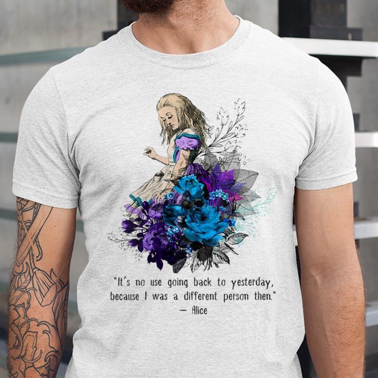 Women's Vintage Book Quote It’s No Use Going Back To Yesterday Unisex Jersey T-Shirt Women's Vintage Book Quote It’s No Use Going Back To Yesterday Unisex Jersey T-Shirt