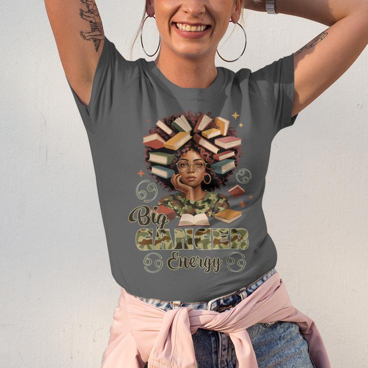 Big Cancer Energy Woman Camo Zodiac Book Teacher Unisex Jersey T-Shirt