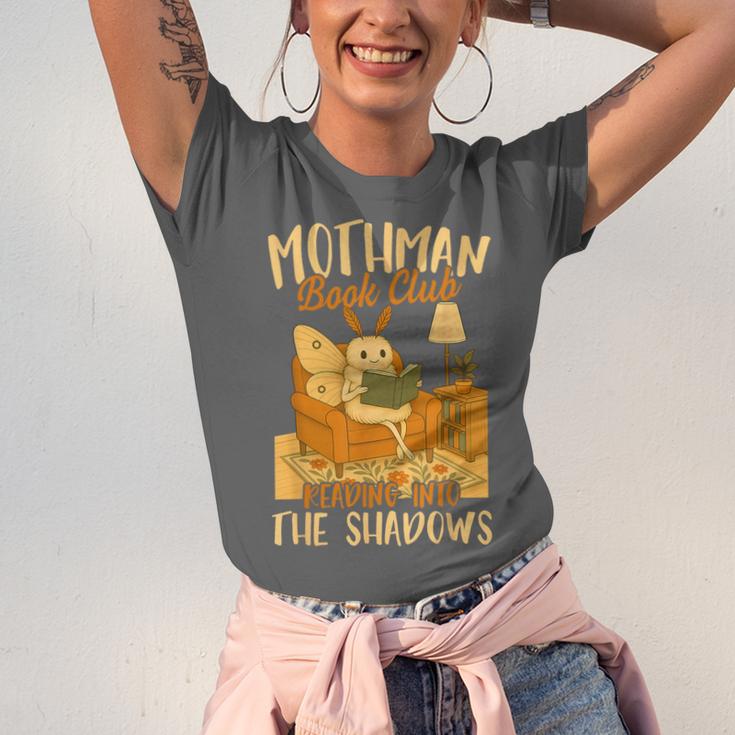 Book Lover Moth Mothman Book Club Reading Into Shadows Unisex Jersey T-Shirt Book Lover Moth Mothman Book Club Reading Into Shadows Unisex Jersey T-Shirt