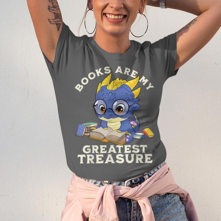 Books Are My Greatest Treasure Kawaii Dragon Reading Books Unisex Jersey T-Shirt