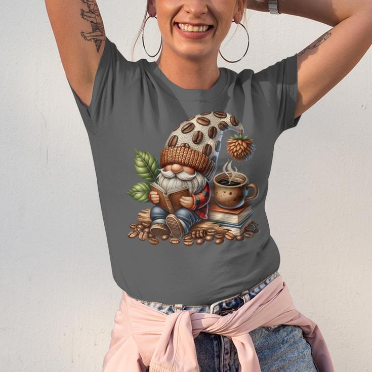 Coffee And Book Reading Accessories For Book Lovers Gnome Unisex Jersey T-Shirt Coffee And Book Reading Accessories For Book Lovers Gnome Unisex Jersey T-Shirt