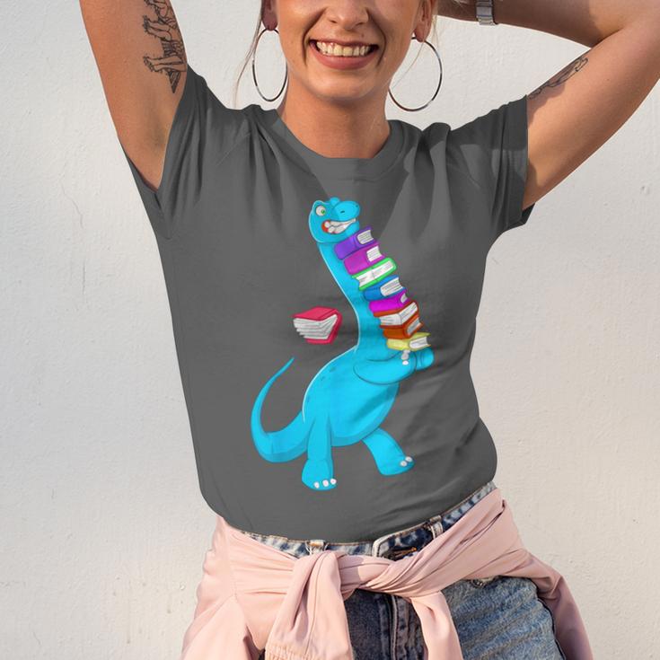 Cool Dinosaur Books Art For Men Women Libarian Book Lover Unisex Jersey T-Shirt