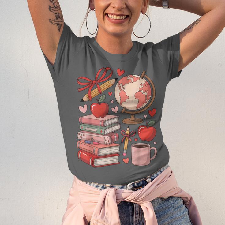 Coquette Teacher School Supplies Bows Books Globe Apple Cute Unisex Jersey T-Shirt Coquette Teacher School Supplies Bows Books Globe Apple Cute Unisex Jersey T-Shirt