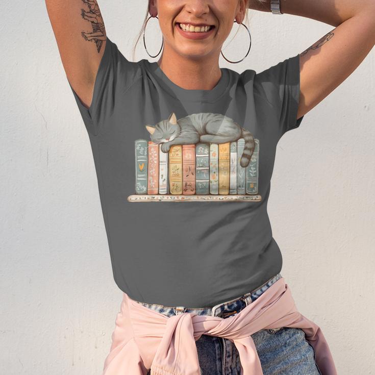Cute Cat Sleeping On Books Unisex Jersey T-Shirt Cute Cat Sleeping On Books Unisex Jersey T-Shirt