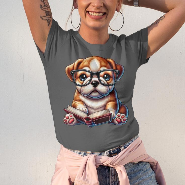 Cute Dog Puppy English Bulldog Reading Book Unisex Jersey T-Shirt Cute Dog Puppy English Bulldog Reading Book Unisex Jersey T-Shirt