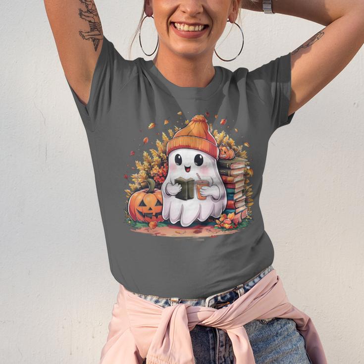 Cute Ghost Drinking Coffee Halloween Reading Book Retro Unisex Jersey T-Shirt
