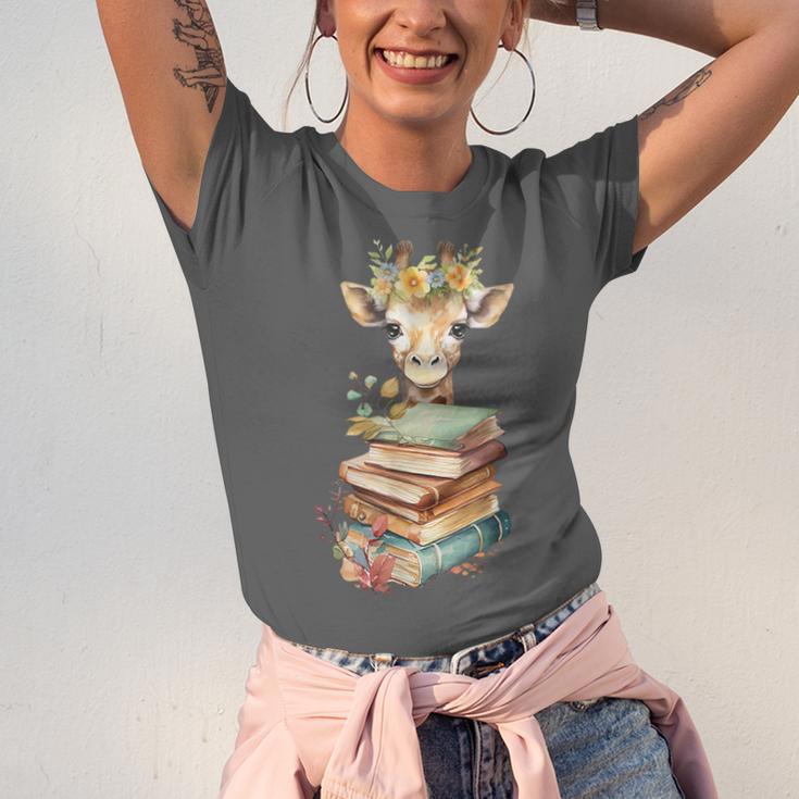 Cute Giraffe With Book Floral Bookworm Librarian Book Lover Unisex Jersey T-Shirt