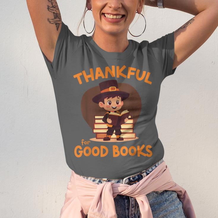 Cute Thanksgiving Teacher Librarian Thankful Reading Books Unisex Jersey T-Shirt