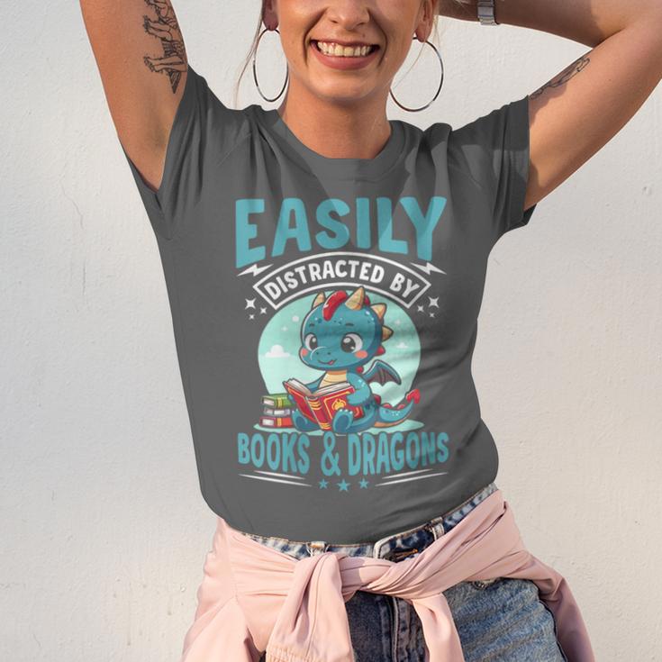 Easily Distracted By Books And Dragons Nerds Unisex Jersey T-Shirt